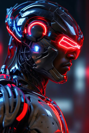 Black man, cyborg half glass helmet, cyborg armor, red neon lights, highly detailed, ultra HD, 4k resolution, CYT