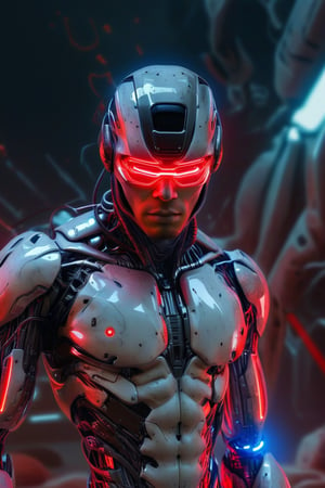 A man, cyborg half glass helmet, cyborg armor, red neon lights, highly detailed, ultra HD, 4k resolution, CYT