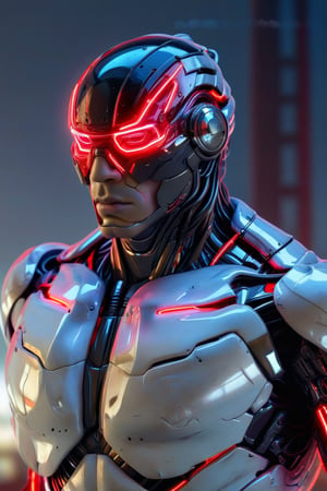 A man, cyborg half glass helmet, cyborg armor, red neon lights, highly detailed, ultra HD, 4k resolution, CYT