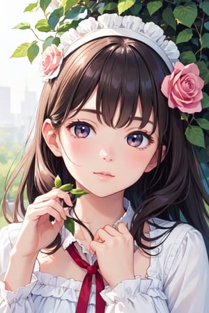 1 girl with flowers in her hand, visual, realistic, detailed, portrait, beautiful, kawaii, cute, roses girl, with flowers, ttch