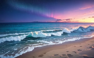 Capture a breathtaking 4K shot of a serene beach at dusk, where the gentle lapping of the waves against the shore creates a soothing melody. A kaleidoscope of colors dances across the night sky as the aurora borealis illuminates the horizon, with vibrant curtains of green and purple hues swirling above. Amidst this celestial display, a massive red moon rises high in the firmament, casting an otherworldly glow on the beach below. The fine grains of sand meet the dark blue water's edge, creating a seamless transition between land and sea. Focus on the stunning sky and majestic moon as they harmonize in perfect concert.