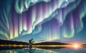 outdoors, sky, water, night, cat, ground vehicle, star \(sky\), night sky, scenery, starry sky, reflection, silhouette, bicycle, shooting star, aurora