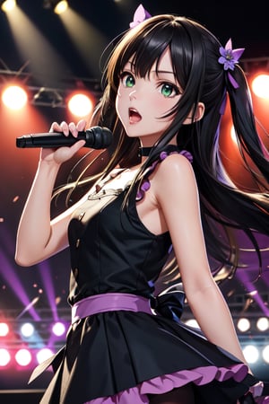 source_anime, anime screencap, score_anime, 1girl, rin shibuya, black hair, beautiful face, green eyes, long hair, beautiful_female_fingers, black gloves, blue dress \(idolmaster\), black ribbon, black shirt, choker, collarbone, gloves, hair flower, hair ornament, hair ribbon, idol, purple flower, ribbon, shirt, sleeveless, sleeveless shirt, open mouth, stage, outdoor, concert, holding microphone, singing, looking at viewer, dynamic angle, dynamic pose, cowboy shot, more detailed, from side, three quarter view, one arm up