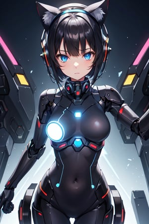 1girl,android,animal ears,bangs,black hair,blue eyes,bodysuit,breasts,cat ears,covered navel,expressionless,glowing,headgear,headphones,looking at viewer,machinery,mecha,mecha musume,medium breasts,robot,science fiction,short hair,solo,standing,