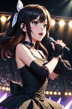 source_anime, anime screencap, score_anime, 1girl, rin shibuya, black hair, beautiful face, green eyes, long hair, beautiful_female_fingers, black gloves, blue dress \(idolmaster\), black ribbon, black shirt, choker, collarbone, gloves, hair flower, hair ornament, hair ribbon, idol, purple flower, ribbon, shirt, sleeveless, sleeveless shirt, open mouth, stage, outdoor, concert, holding microphone, singing, looking at viewer, dynamic angle, dynamic pose, cowboy shot, more detailed, from side, three quarter view, one arm up