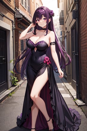 1girl,large breasts, dark pink strapless dress, smiling, dark alley, long dark purple hair, hands in hair