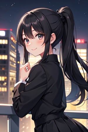 beautiful girl, long black ponytail, black sailor uniform, blushing, smile, night, city