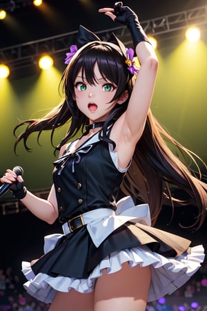 source_anime, anime screencap, score_anime, 1girl, rin shibuya, black hair, beautiful face, green eyes, long hair, beautiful_female_fingers, black gloves, blue dress \(idolmaster\), black ribbon, black shirt, choker, collarbone, gloves, hair flower, hair ornament, hair ribbon, idol, purple flower, ribbon, shirt, sleeveless, sleeveless shirt, open mouth, stage, outdoor, concert, holding microphone, singing, looking at viewer, dynamic angle, dynamic pose, cowboy shot, more detailed, from side, three quarter view, one arm up