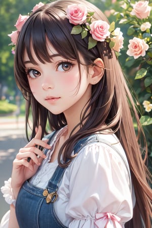 1 girl with flowers in her hand, visual, realistic, detailed, portrait, beautiful, kawaii, cute, roses girl, with flowers, ttch