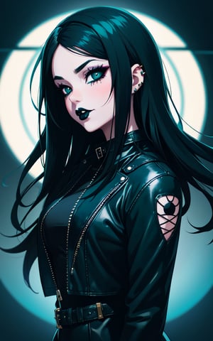 a girl with a leather jacket,inspired by rossdraws,gothic art,with long hair and piercing eyes,anime girl wearing a black dress,with teal clothes,(white skin),(thick black lipstick),(deep black eyes),lois van baarle,charlie bowater and artgem,glossy painting