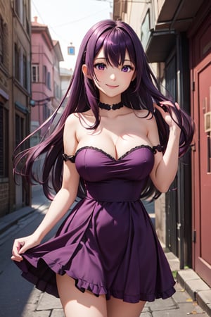 1girl,large breasts, dark pink strapless dress, smiling, dark alley, long dark purple hair, hands in hair