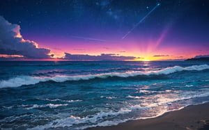 Capture a breathtaking 4K shot of a serene beach at dusk, where the gentle lapping of the waves against the shore creates a soothing melody. A kaleidoscope of colors dances across the night sky as the aurora borealis illuminates the horizon, with vibrant curtains of green and purple hues swirling above. Amidst this celestial display, a massive red moon rises high in the firmament, casting an otherworldly glow on the beach below. The fine grains of sand meet the dark blue water's edge, creating a seamless transition between land and sea. Focus on the stunning sky and majestic moon as they harmonize in perfect concert.