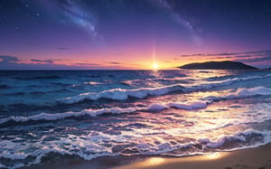 Capture a breathtaking 4K shot of a serene beach at dusk, where the gentle lapping of the waves against the shore creates a soothing melody. A kaleidoscope of colors dances across the night sky as the aurora borealis illuminates the horizon, with vibrant curtains of green and purple hues swirling above. Amidst this celestial display, a massive red moon rises high in the firmament, casting an otherworldly glow on the beach below. The fine grains of sand meet the dark blue water's edge, creating a seamless transition between land and sea. Focus on the stunning sky and majestic moon as they harmonize in perfect concert.