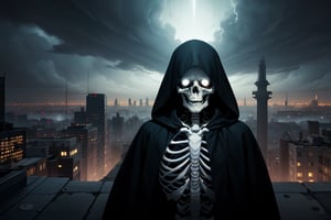 (masterpiece), (best quality), (ultra-detailed), (solo),A foreboding figure of death looms over a sprawling metropolis, his skeletal form casting a chilling shadow over the city below. The Grim Reaper, cloaked in tattered black robes, is adorned with intricate, silver-embroidered symbols of mortality. In a highly detailed oil painting, the figure's hollow eyes radiate with an otherworldly glow, contrasting against the dark, stormy skies above. This hauntingly captivating image seamlessly blends the themes of life and death, drawing viewers into a macabre yet stunning interpretation of urban decay.