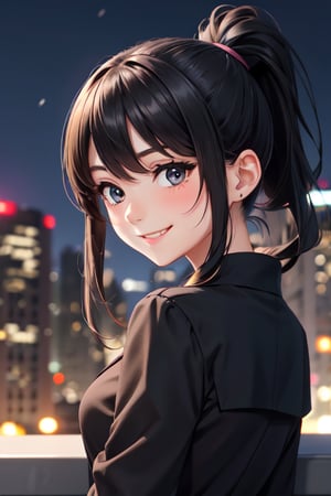 beautiful girl, long black ponytail, black sailor uniform, blushing, smile, night, city