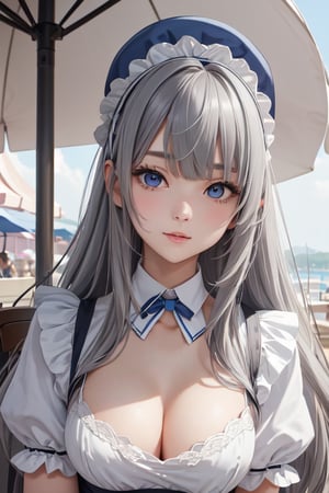 masterpiece, best quality, high resolution, 1 girl, solo, Korean girl, looking at viewer, upper body, reality, (long hair, grey hair, bangs:1.3), small breasts,blue eyes, maid hat, maid outfit, cleavage, chest tattoo, outdoor cafe background,
