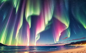 High quality, 4k, high resolution, very detailed colors, a sky with northern lights and a gigantic red moon, on a night full of stars, on a beach, where the water touches the sand, a beautiful sky full of northern lights and the huge moon that can be seen in the firmament of the heavens.