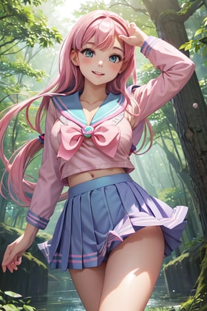 1girl,aqua eyes,pink hair,(sailor uniform:1.5),seductive,sexy,circle breasts,breasts,cleavage,thighs,face happy,looking at viewer,perfect anatomy,standing,(cleavage),mini skirt,blue skirt,pleated skirt,in the forest,in the tree