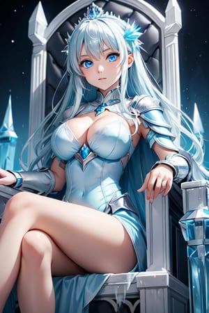 young girl, alone, sitting on a throne of ice,cleavage,large_breast, wearing ice armor, looking at viewer, icy blue eyes