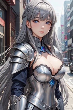 masterpiece, best quality, high resolution, 1 girl, solo, Korean girl, looking at viewer, upper body, reality, (long hair, grey hair, bangs:1.3), large breasts,blue eyes, cleavage, armor, shoulder armor, chest tattoo, street background 
