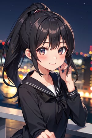 beautiful girl, long black ponytail, sailor uniform, blushing, smile, night, city