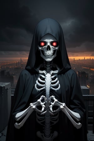 (masterpiece), (best quality), (ultra-detailed), (solo),A foreboding figure of death looms over a sprawling metropolis, his skeletal form casting a chilling shadow over the city below. The Grim Reaper, cloaked in tattered black robes, is adorned with intricate, silver-embroidered symbols of mortality. In a highly detailed oil painting, the figure's hollow eyes radiate with an otherworldly glow, contrasting against the dark, stormy skies above. This hauntingly captivating image seamlessly blends the themes of life and death, drawing viewers into a macabre yet stunning interpretation of urban decay.