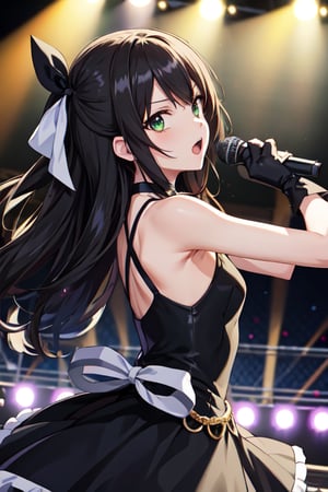 source_anime, anime screencap, score_anime, 1girl, rin shibuya, black hair, beautiful face, green eyes, long hair, beautiful_female_fingers, black gloves, blue dress \(idolmaster\), black ribbon, black shirt, choker, collarbone, gloves, hair flower, hair ornament, hair ribbon, idol, purple flower, ribbon, shirt, sleeveless, sleeveless shirt, open mouth, stage, outdoor, concert, holding microphone, singing, looking at viewer, dynamic angle, dynamic pose, cowboy shot, more detailed, from side, three quarter view, one arm up