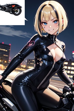 masterpiece, best quality, ultra-detailed, perfect anatomy, High detailed, detailed background, beautiful face, Claudia, nanasemei, nonomiyatsugumi, a girl, flat chest, No public hair, extremely pretty face, beautiful face, ultra-detaild face, cute face, (bob cut, Straight bangs, blonde hairs, highlights hair, Blue streaked hair), ultra-detailed eyes, sapphire eyes, round eyes, cross earrings, heart tattoo on face, evil grin, beautiful eyebrow, (eyelashes:0.4), Bishojo, beautiful nose, midnight, dark, 1girl, (((wearing sexy rider suits))), riding a motorcycle, (((Wheelie driving))), more detaied, dynamic angle, from front perfect finger, perfect hands, concept art, dark theme, Anime ,