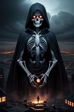 (masterpiece), (best quality), (ultra-detailed), (solo),A foreboding figure of death looms over a sprawling metropolis, his skeletal form casting a chilling shadow over the city below. The Grim Reaper, cloaked in tattered black robes, is adorned with intricate, silver-embroidered symbols of mortality. In a highly detailed oil painting, the figure's hollow eyes radiate with an otherworldly glow, contrasting against the dark, stormy skies above. This hauntingly captivating image seamlessly blends the themes of life and death, drawing viewers into a macabre yet stunning interpretation of urban decay.