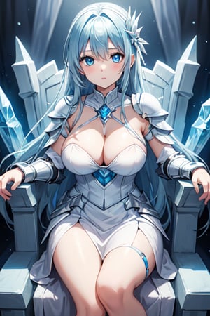 young girl, alone, sitting on a throne of ice,cleavage,large_breast, wearing ice armor, looking at viewer, icy blue eyes