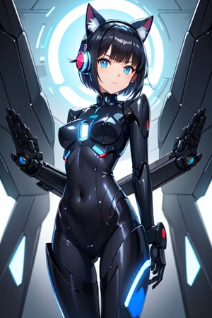 1girl,android,animal ears,bangs,black hair,blue eyes,bodysuit,breasts,cat ears,covered navel,expressionless,glowing,headgear,headphones,looking at viewer,machinery,mecha,mecha musume,medium breasts,robot,science fiction,short hair,solo,standing,