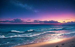 Capture a breathtaking 4K shot of a serene beach at dusk, where the gentle lapping of the waves against the shore creates a soothing melody. A kaleidoscope of colors dances across the night sky as the aurora borealis illuminates the horizon, with vibrant curtains of green and purple hues swirling above. Amidst this celestial display, a massive red moon rises high in the firmament, casting an otherworldly glow on the beach below. The fine grains of sand meet the dark blue water's edge, creating a seamless transition between land and sea. Focus on the stunning sky and majestic moon as they harmonize in perfect concert.