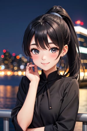 beautiful girl, long black ponytail, sailor uniform, blushing, smile, night, city