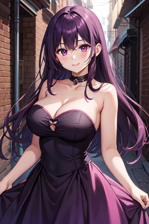 1girl,large breasts, dark pink strapless dress, smiling, dark alley, long dark purple hair, hands in hair