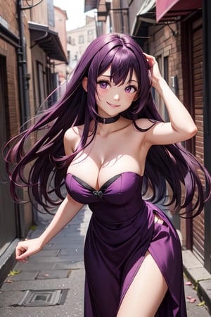 1girl,large breasts, dark pink strapless dress, smiling, dark alley, long dark purple hair, hands in hair