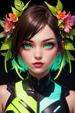 A vibrant and hyper-detailed portrait of a woman's face illuminated with neon light. Her face is adorned with intricate, glowing floral patterns and botanical elements. Her eyes are glowing neon green, and her lips are highlighted with neon light. The background is dark, enhancing the glow of the neon details. The overall style is a fusion of neon art and botanical motifs, creating a mesmerizing and surreal composition. (hyper-detailed, neon light, glowing floral patterns, botanical elements, neon green eyes, neon-highlighted lips, dark background, fusion of neon art and botanical motifs, mesmerizing, surreal)