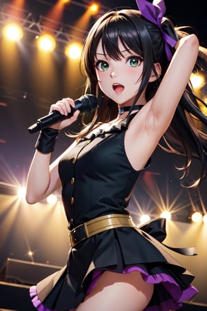 source_anime, anime screencap, score_anime, 1girl, rin shibuya, black hair, beautiful face, green eyes, long hair, beautiful_female_fingers, black gloves, blue dress \(idolmaster\), black ribbon, black shirt, choker, collarbone, gloves, hair flower, hair ornament, hair ribbon, idol, purple flower, ribbon, shirt, sleeveless, sleeveless shirt, open mouth, stage, outdoor, concert, holding microphone, singing, looking at viewer, dynamic angle, dynamic pose, cowboy shot, more detailed, from side, three quarter view, one arm up