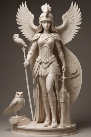 Present Athena in a paper sculpture style. The sculpture depicts Athena holding a spear in one hand and an owl perched on the other. She wears a traditional warrior's helmet with a crest, finely crafted chest armor, and a pleated tunic with ornate patterns. Each detail is intricately carved to showcase her strong and protective stance. The background and base feature rocky textures achieved through layered paper sculpting, with the name 'Athena' engraved, emphasizing the three-dimensional effect and meticulous craftsmanship of the paper art.