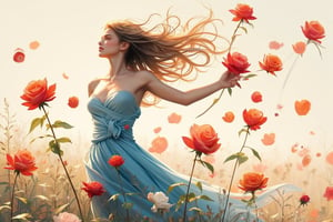 A stunning vector illustration photo of a European beautiful and charming young woman delicately formed from vibrant roses in red, orange, blue, white, yellow, and pink tones. The roses dance gracefully in the wind, creating a mesmerizing effect with their smooth, expressive movements. The illustrations are presented in a painterly style that captures the essence of summer, highlighting the beauty of nature and the power of the voluptuous curves of the female body. Beautifully displayed with intricate details, this mesmerizing work of art celebrates the harmony between nature and the human spirit.