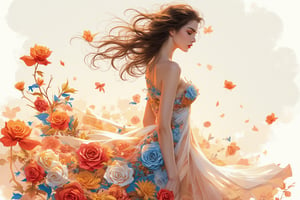 A stunning vector illustration photo of a European beautiful and charming young woman delicately formed from vibrant roses in red, orange, blue, white, yellow, and pink tones. The roses dance gracefully in the wind, creating a mesmerizing effect with their smooth, expressive movements. The illustrations are presented in a painterly style that captures the essence of summer, highlighting the beauty of nature and the power of the voluptuous curves of the female body. Beautifully displayed with intricate details, this mesmerizing work of art celebrates the harmony between nature and the human spirit.