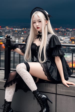 Taiwanese woman in her 20s, Gothic Lolita style, long platinum blond hair, wearing a black multi-layered lace skirt, Victorian style, white knee-high socks, black high heels, black lace decoration. She holds a samurai sword in her right hand, with the city in the background Skyline, overcast sky.