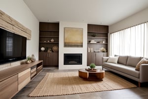 A living room with a natural color palette, blending seamlessly into the earthy tone floor. The TV cabinet and wall share a similar hue, creating a harmonious visual flow. The TV screen features subtle textures, adding depth to the space. A sofa stands against the wall, its back panel echoing the surrounding colors.