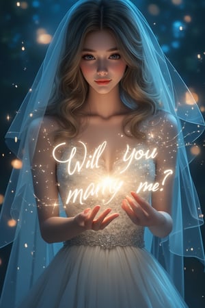 1girl, (solo:1.1), woman, smile, shy, look at viewer, wedding dress, casting magic writing text "Will you marry me?" made of light energy, epic, cinematic, digital art, 4k, ultra high definition, cartoon, Anime Style