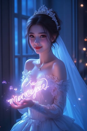 1girl, (solo:1.1), woman, smile, shy, look at viewer, wedding dress, casting magic writing text "Will you marry me?" made of light energy, epic, cinematic, digital art, 4k, ultra high definition, cartoon, Anime Style