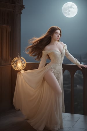 A melancholic beauty stands at the edge of a medieval balcony, her chestnut tresses cascading down like a river of night. Her deep brown eyes, aglow with longing, seem to pierce the moonlit sky as she holds a letter, its delicate script a testament to her turmoil. The flowing Renaissance dress, adorned with intricate embroidery, rustles softly in the breeze. Radiant skin glows beneath the subtle lighting, accentuating every curve and contour of her full-bodied figure. A romantic expression dances across her features, tempered by the conflict evident on her face. In this 4K masterpiece, the subject's dynamic pose appears to leap from the frame, inviting the viewer into the atmospheric world of Shakespearean drama.