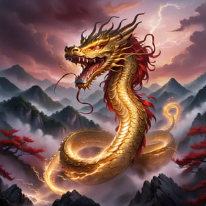 A majestic Chinese dragon, coiled in mid-air, with long, sinuous body covered in shimmering golden scales. Its head is adorned with intricate antlers and flowing whiskers, and its eyes gleam with wisdom and power. The dragon’s claws are sharp and clutching a glowing pearl, symbolizing prosperity. The creature's body twists gracefully through the clouds, with swirling mist and lightning illuminating its form. The background showcases a traditional Chinese landscape with towering mountains and a crimson sky at dusk, creating a mystical and powerful atmosphere.