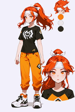 An animated image of a girl with long red hair. The girl is wearing a black t-shirt and orange pants. She has a white headband on her head. Her eyes are red and her hair is blowing in the wind. Her hair is long and cascades in a ponytail. She is wearing black and white sneakers with black laces. The background is a bright white., (full body,(CharacterSheet:1)