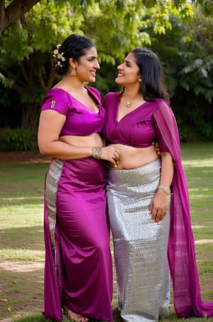    Realistic gothic digital photography women portrait romancing each other, plus size with pudva, indian goddess, rambha, urvashi, menake, full body, embracing, neha dhupia, katrina, sunny leone