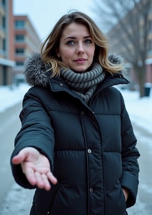    A frozen woman in her thirties on the street in a shabby modern down jacket with her hand outstretched. The woman pitifully and tearfully looks at the camera. Realistic photo