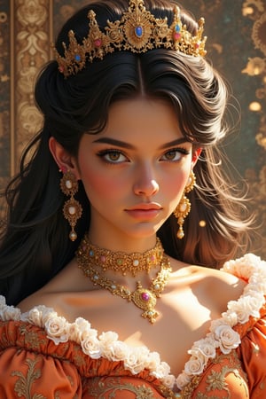  "Camila Mendes as Rococo noblewoman", elaborate gown, huge rococo hair, head and shoulders portrait, finely drawn eyes, 8k resolution concept art portrait dynamic lighting hyperdetailed intricately detailed Splash art trending on Artstation Unreal Engine 5 volumetric lighting